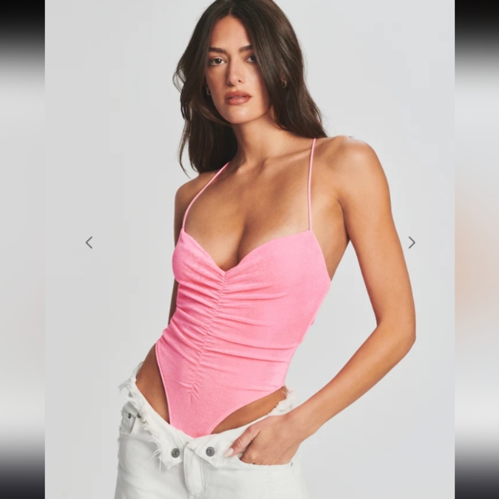 •Classy Chic• Neon Pink Bodysuit with spaghetti straps and ruched detailing NWOT